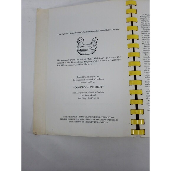 Women's Auxiliary San Diego Medical Society Say Ah-h-h-h Cookbook Vintage 1973 - Picture 6 of 16